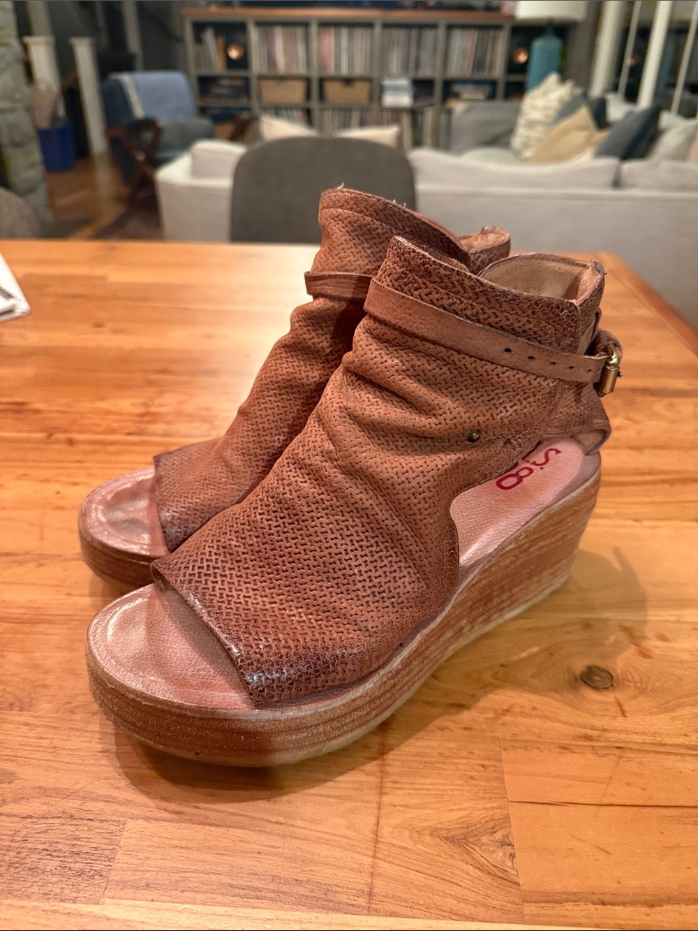 A.S.98 Brown Perforated Leather Wedge Sandals